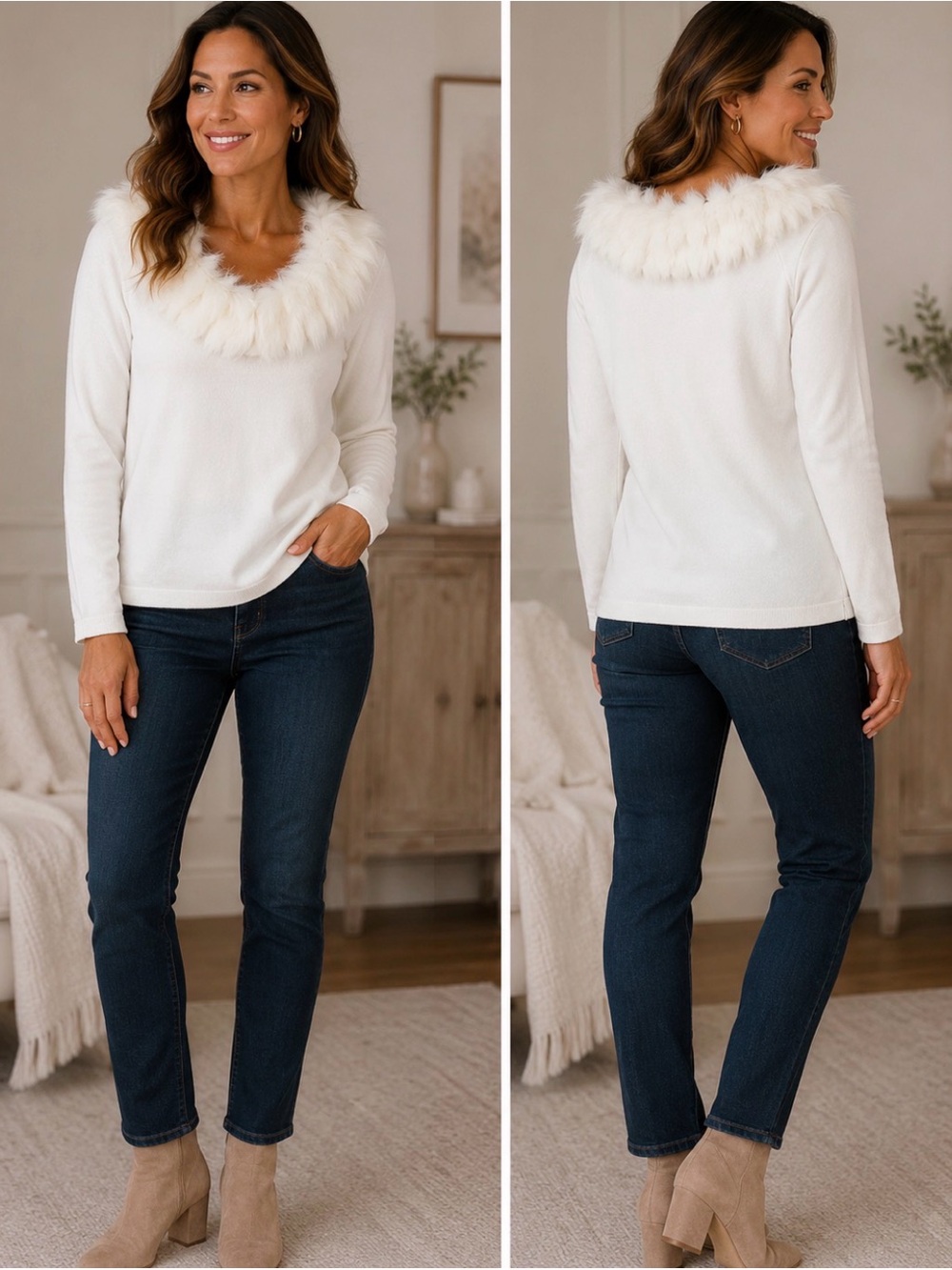 Faux-Fur Trim White Long-Sleeve Top